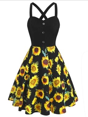 Dressfo Sunflower Print Mock Button Criss Cross Fit & Flare Dress NWT Size: XXL